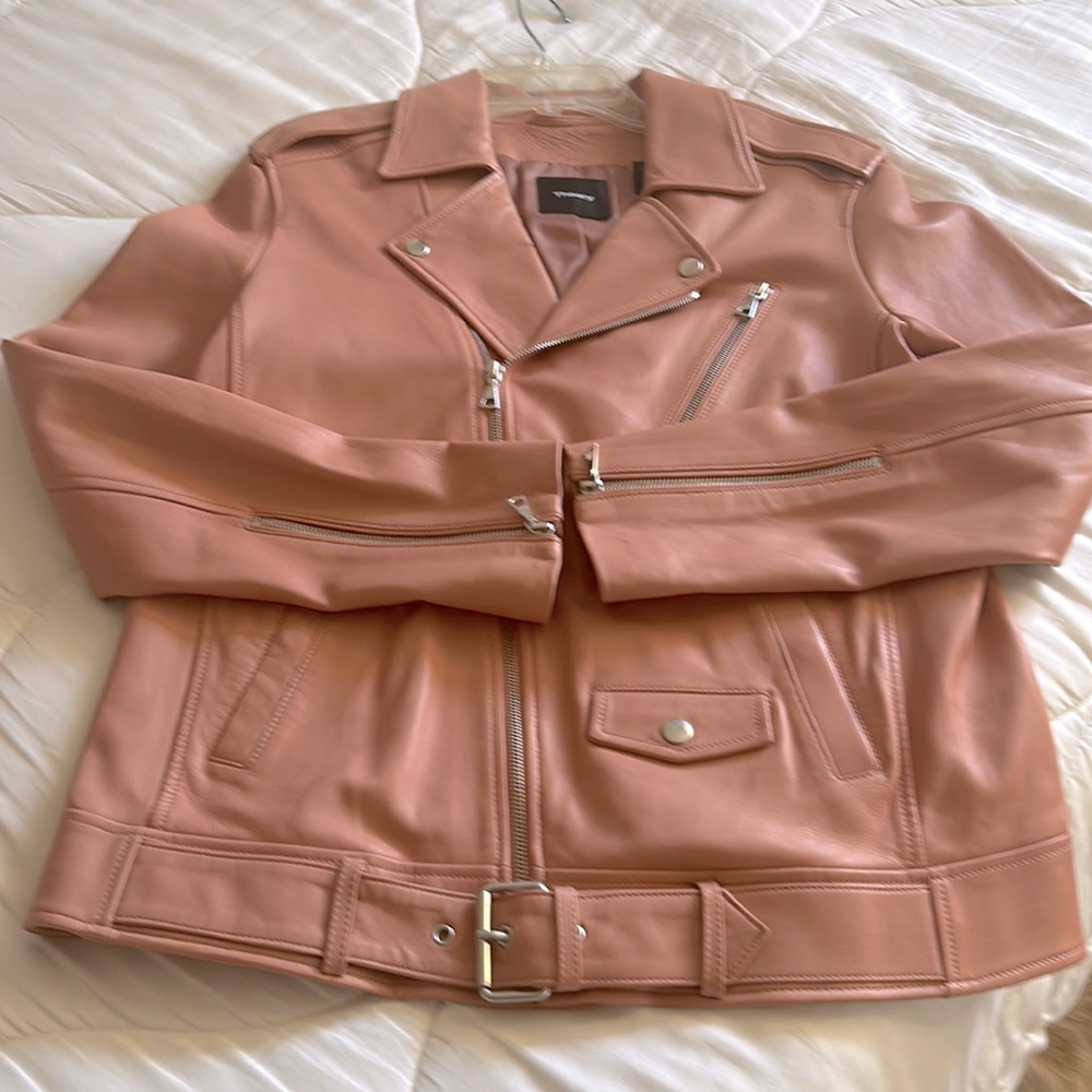 Theory Woman’s Pink Lamb Leather Moto Jacket in very good used condition size M
